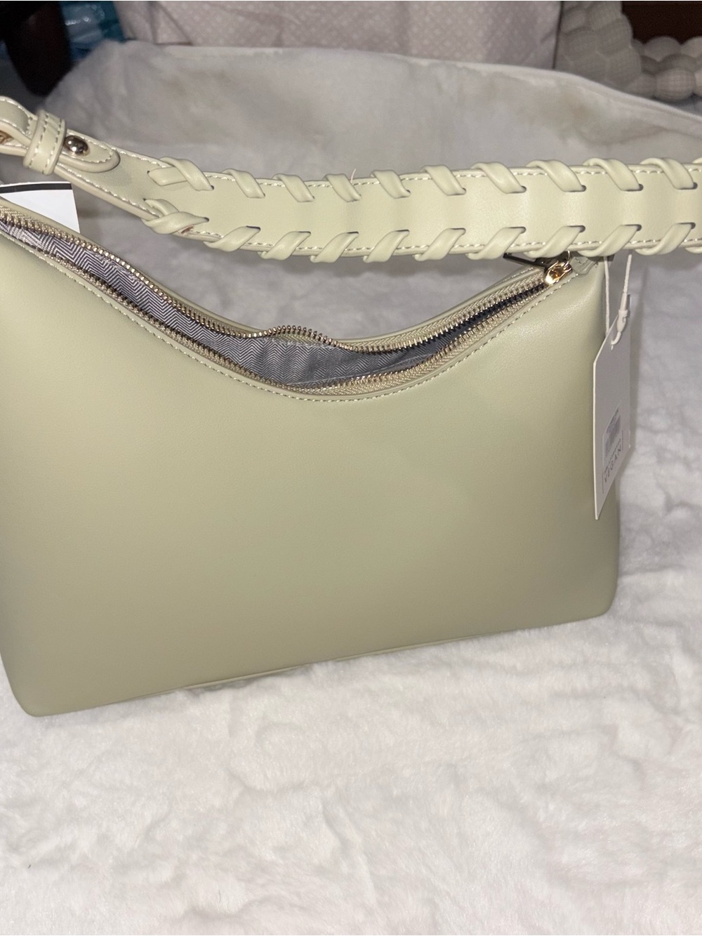 Vegan Braided Handle Shoulder Bag in Pale Green & Gold